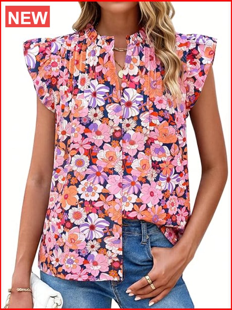 Boho Button Down Blouse Cap Sleeve Mock Neck Flowy Blouse